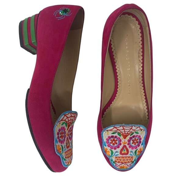 Rare Charlotte Olympia Sugar Skull Pink Suede Embroidered Round Toe Loafers 4 - Picture 1 of 12